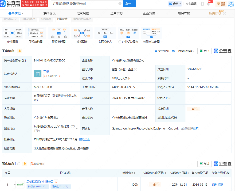 注冊資本100萬(wàn)元！晶科能源廣州成立光伏設備子公司